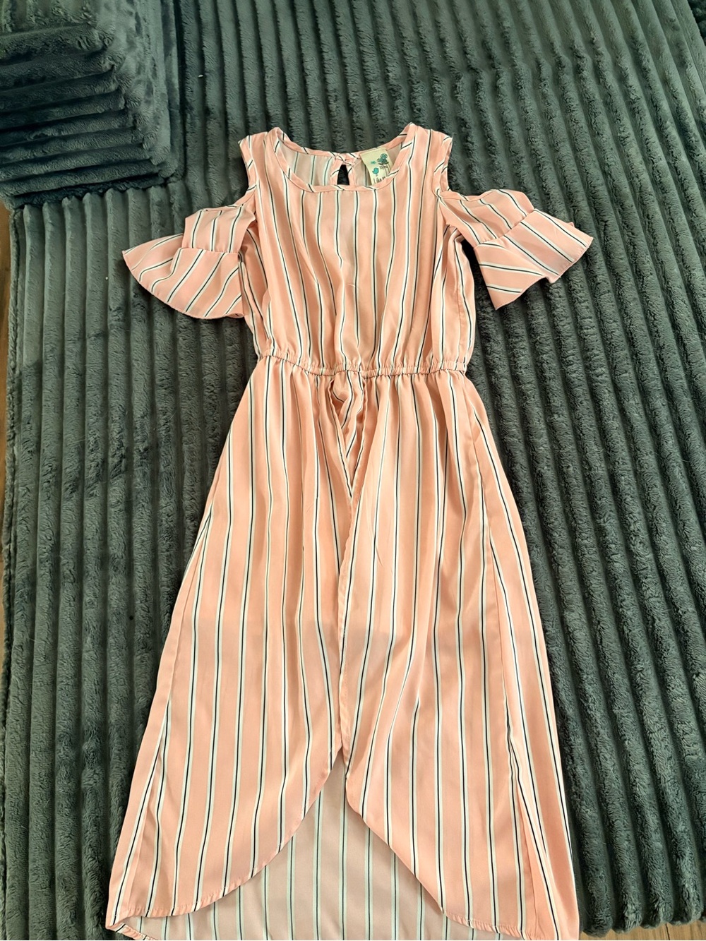 Girls' Striped Peach Cold-Shoulder Midi Dress